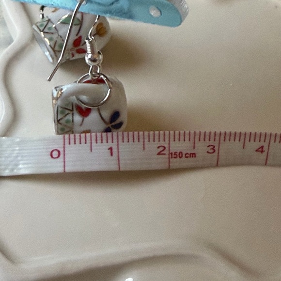 Handcrafted  Mini tea cup Drop Earrings - White with Red, Green & Gold - Picture 4 of 5